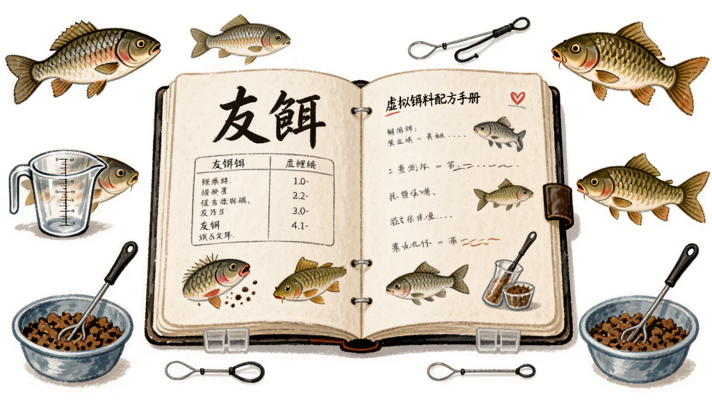 画面中央展示一本翻开的虚拟饵料配方手册,书页上写有