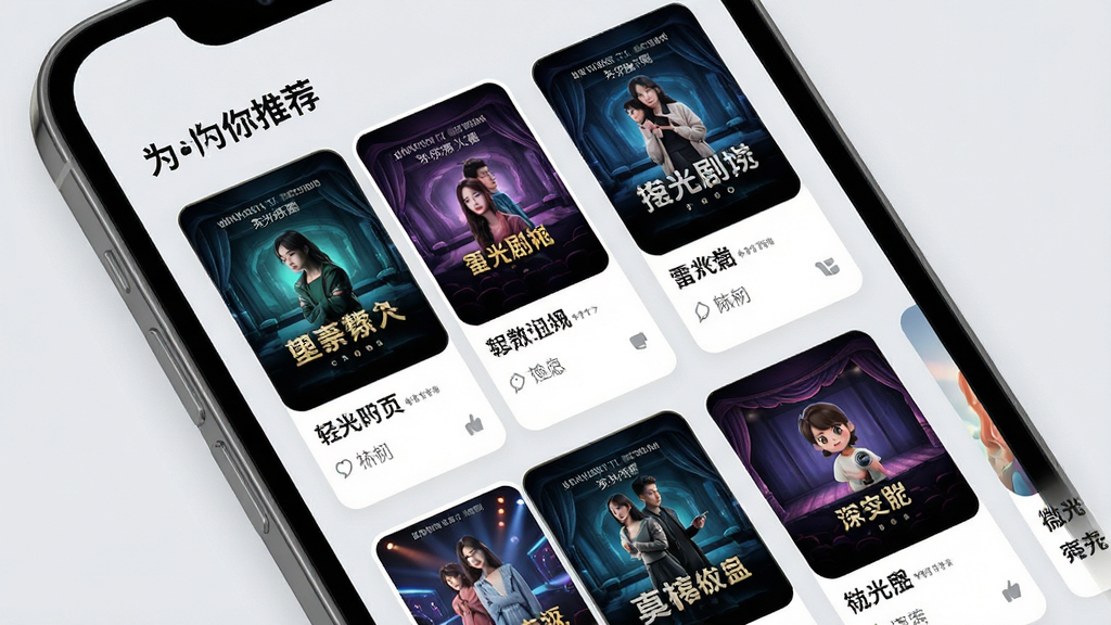 微光剧场个性化推荐首页示意图,画面展示手机屏幕内信息流卡片式布局,每张卡片包含短剧封面和标题,顶部有“为你推荐”字样,卡片风格统一,背景浅灰,整体排版清爽,画质高清无噪点