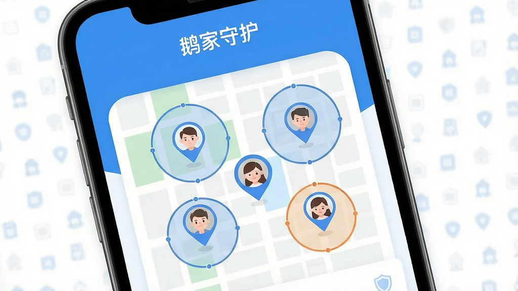 一张手机屏幕展示鹅家守护应用主界面,画面中央是家庭地图,上面有多个家庭成员头像定位标记,界面简洁清新,蓝色与白色为主色调,顶部显示“鹅家守护”文字,周围有安全区域圆形范围提示,风格为扁平化UI设计,细节清晰,画质干净,无多余元素