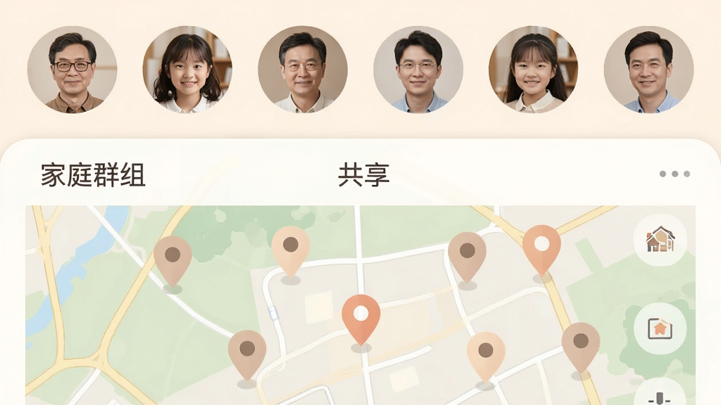 鹅家守护家庭群组界面,画面中显示多个家庭成员头像排列在顶部,下方是共享地图,地图上有多个定位标记,界面配色柔和,有“家庭群组”文字标识,风格温馨简洁,画质干净,无多余元素