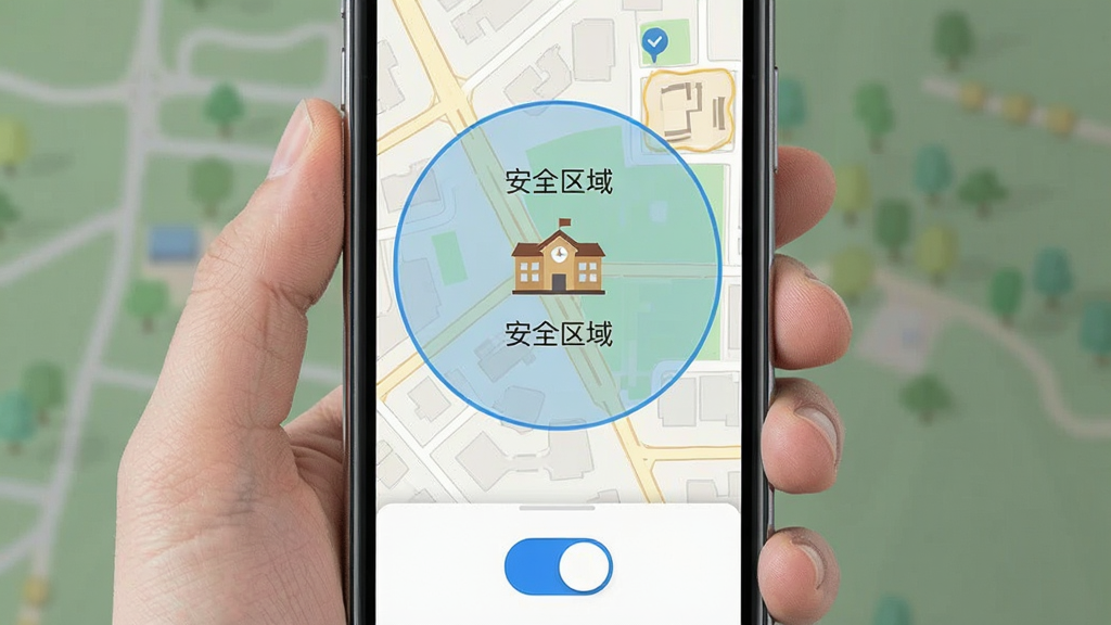 鹅家守护安全区域设置界面,手机屏幕显示地图上有一个圆形安全区域范围,中心是学校图标,周围有“安全区域”文字标注,界面底部有开关按钮,风格简洁,画质干净,无多余元素