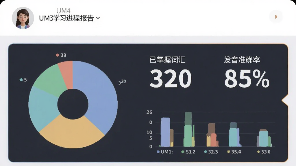 主体为UM3: Chat & Learn Languages软件的学习进度报告页面,屏幕上显示饼状图、柱状图和数字统计,如“已掌握词汇 320”“发音准确率 85%”;布局为上下结构,顶部有用户头像和昵称;排版清晰,数据可视化美观;风格为现代扁平化设计;细节包括图表颜色柔和、数字醒目;画质高清,干净无多余元素