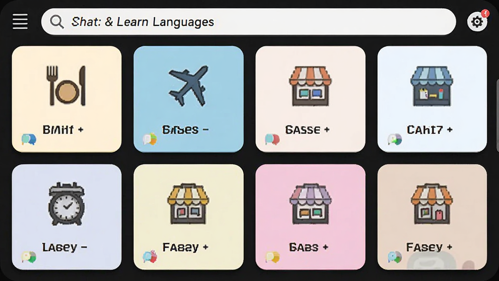 主体为UM3: Chat & Learn Languages软件界面截图,展示多个对话场景卡片,卡片上有餐厅、机场、商场等图标和英文标签;布局为网格状排列,界面顶部有搜索栏;排版整齐,色彩分区明显;风格为清爽的移动应用UI设计;细节包括卡片圆角、柔和阴影、图标精致;画质高清,干净无多余元素