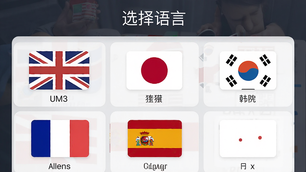 主体为UM3: Chat & Learn Languages软件中的多语种选择界面,屏幕上显示多个国家国旗图标和对应的语言名称,如英语、日语、韩语、法语、西班牙语;布局为列表或网格排列,界面顶部有“选择语言”标题;排版清晰,色彩丰富但不刺眼;风格为现代简约移动UI;细节包括国旗图标精致、文字清晰;画质高清,干净无多余元素