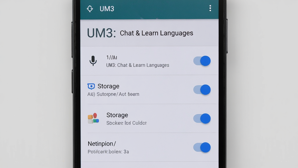 主体为一部安卓手机屏幕,显示UM3: Chat & Learn Languages的权限设置界面,界面上有麦克风、存储、通知等权限开关;布局为手机竖屏展示,背景为浅灰色;排版清晰,开关按钮醒目;风格为系统设置界面风格;细节包括权限图标和文字说明;画质高清,干净无多余元素