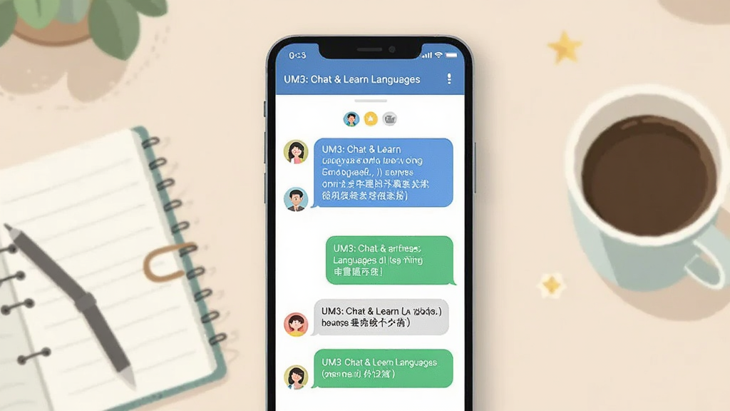 主体为一部智能手机屏幕,屏幕上显示UM3: Chat & Learn Languages的聊天对话界面,界面中有两个人物头像和对话气泡,气泡中包含英文和中文对照文字;布局为手机居中放置,背景为柔和的书桌场景,旁边有笔记本和咖啡杯;排版简洁,突出手机屏幕内容;风格为现代扁平化插画风,色彩清新明亮;细节包括对话气泡中的文字清晰可见,手机边缘有轻微阴影;画质为高清4K,干净无多余元素