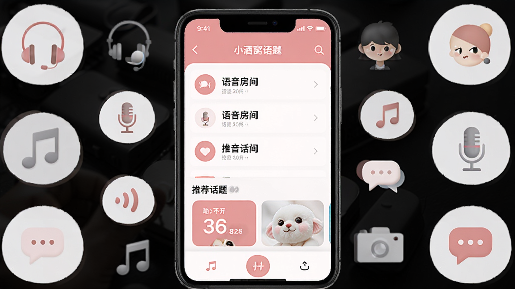手机屏幕中展示小酒窝语音APP的主界面,画面中央是语音房间列表和推荐话题卡片,周围环绕着耳机、麦克风、聊天气泡等图标元素,整体采用浅粉色与白色搭配的清新风格,布局简洁明快,画质干净清晰,无多余装饰元素