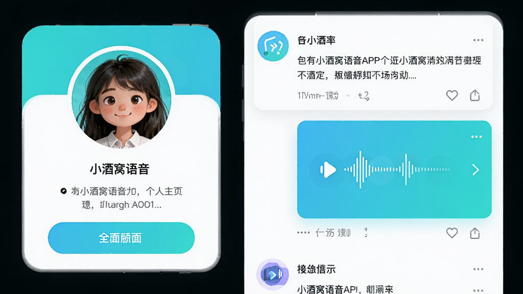 小酒窝语音APP的个人主页和动态广场界面展示,左侧是用户头像和简介卡片,右侧是动态信息流,包含文字和语音卡片,整体采用卡片式布局,配色清爽,画质干净,适合作为软件功能预览图