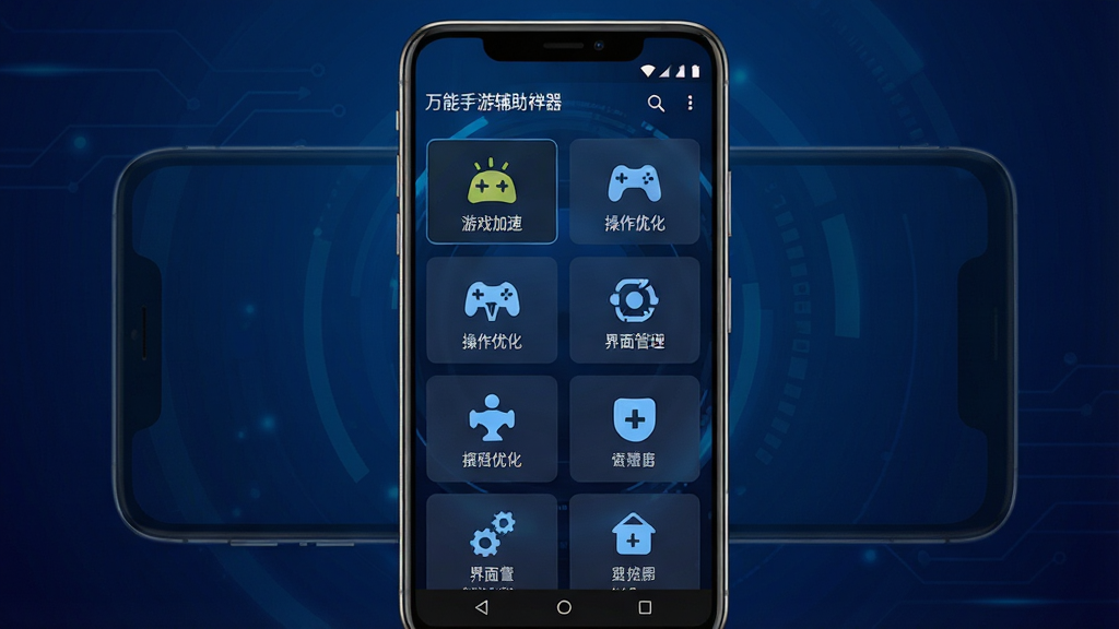 一张展示万能手游辅助神器软件界面的手机截图,画面中央是一部安卓手机,手机屏幕上显示万能手游辅助神器的功能面板,包含游戏加速、操作优化、界面管理等模块图标,背景是深蓝色渐变科技风格,布局为居中手机展示,排版清晰整洁,风格为现代科技感UI设计,细节包含手机边框光影效果和屏幕内的功能图标,画质高清,干净,无多余元素