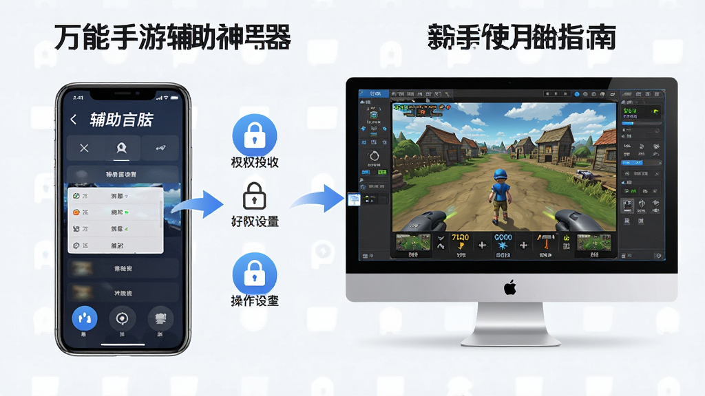 一张展示万能手游辅助神器新手使用指南的AI生图,画面主体是一部手机和一部电脑显示器并排展示,手机屏幕显示辅助工具界面,电脑屏幕显示模拟器运行画面,布局为左右对比排列,排版清晰展示移动端与电脑端的使用差异,风格为信息图风格,细节包含权限设置图标和操作步骤箭头,画质高清,干净,无多余元素