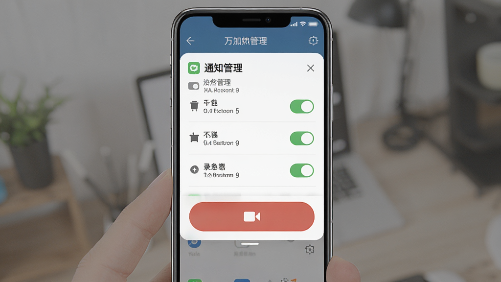 一张展示万能手游辅助神器界面管理功能的AI生图,画面主体是手机屏幕显示通知管理面板和录屏按钮,布局为手机竖屏展示、面板从屏幕顶部下拉,排版突出管理选项列表,风格为简洁清爽的工具类UI,细节包含通知开关图标和录屏红色按钮,画质高清,干净,无多余元素