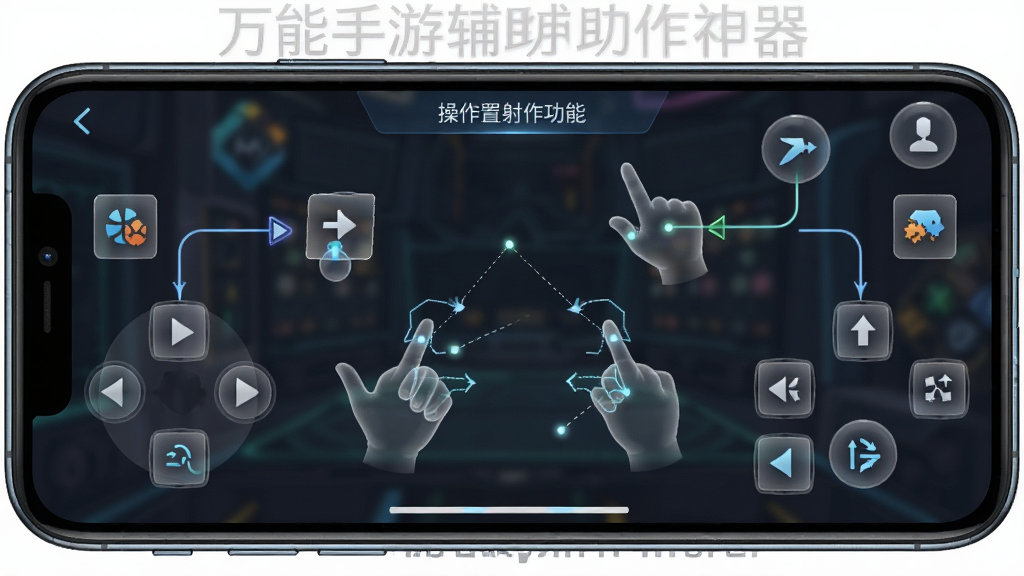 一张展示万能手游辅助神器操作辅助功能的AI生图,画面主体是手机屏幕上的虚拟按键映射界面,显示多个可拖拽的按键图标和手势轨迹线,布局为手机横屏展示、按键分布在屏幕两侧,排版清晰展示操作配置区域,风格为游戏化UI设计,细节包含半透明的按键图标和连接线,画质高清,干净,无多余元素