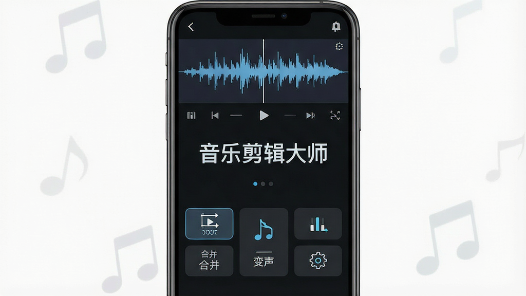 一张手机屏幕展示音乐剪辑大师软件主界面的图片,画面中央是软件名称