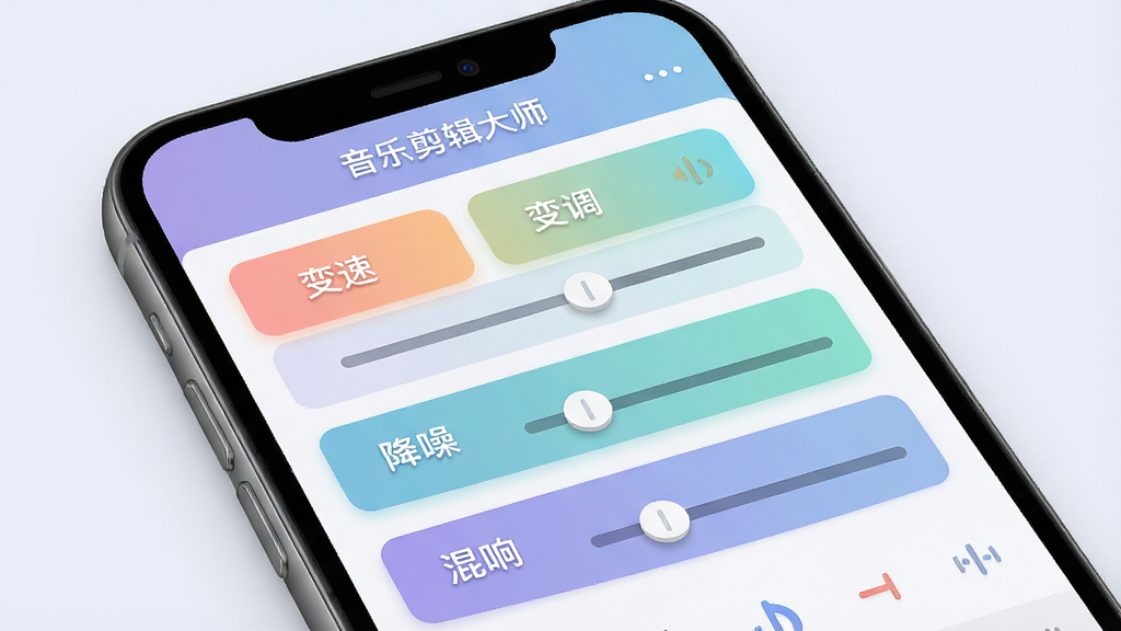 一张音乐剪辑大师软件音效处理面板的展示图,画面中手机屏幕上显示着