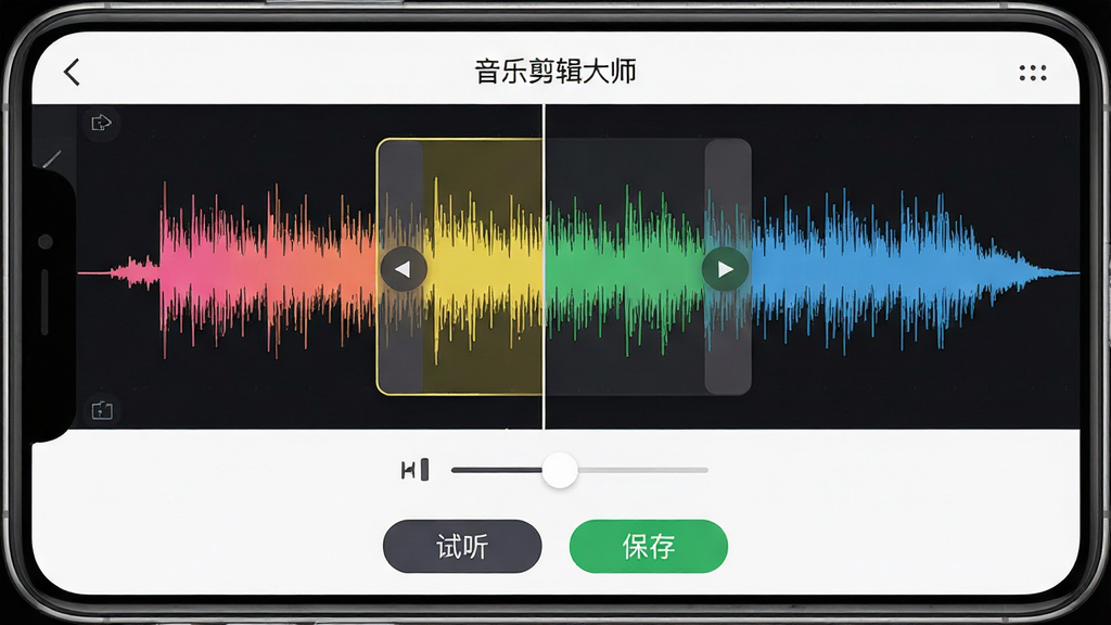 一张音乐剪辑大师软件音频剪切界面的展示图,画面中手机屏幕上显示着彩色音频波形图,有左右两个滑块标记剪切区域,下方有