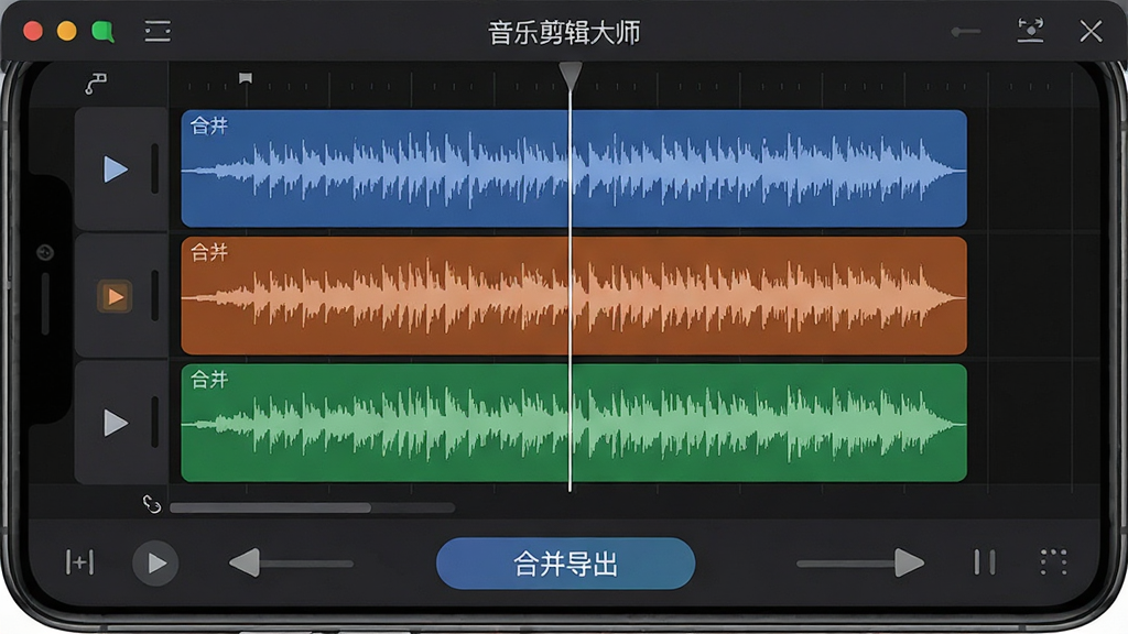一张音乐剪辑大师软件多轨合并功能的界面截图,画面中手机屏幕上显示着三条不同颜色的音频轨道,每条轨道上有波形图,下方有