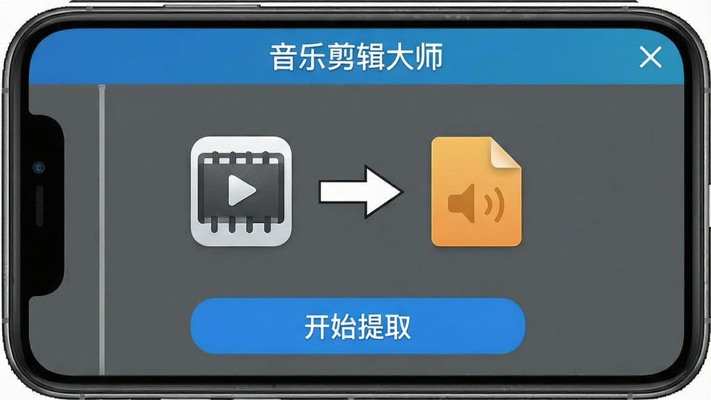 一张音乐剪辑大师软件视频提取音频功能的界面图,画面中手机屏幕上显示着一个视频文件图标和一个箭头指向音频文件图标,下方有