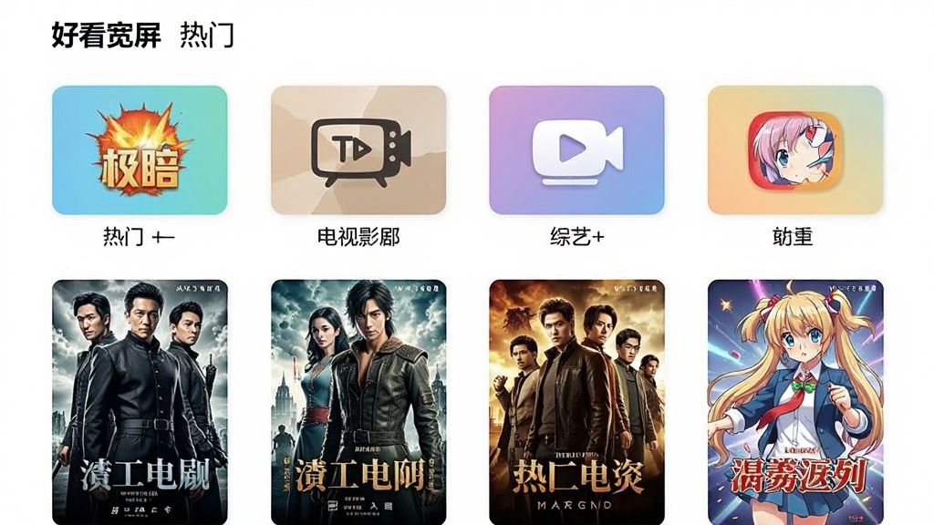 一张展示“好看宽屏”影视资源分类页面的预览图,画面中整齐排列着电影、电视剧、综艺、动漫等分类图标,每个图标下方有对应的热门影片封面,整体风格清新明快,布局紧凑,画质清晰