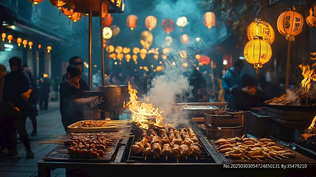 东方美食2026最新版 夜市小吃烧烤摊热闹场景