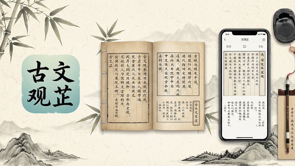 一张展示古文观芷软件界面的宣传图,画面中央是一本展开的仿古线装书,书页上浮现出清晰的古文篇目和注释文字,周围环绕着淡雅的竹叶与水墨山水元素,背景为柔和的米黄色宣纸质感,整体排版左侧放置软件图标“古文观芷”四个书法字体,右侧展示手机屏幕内的应用阅读界面,风格为中国风古典简约,细节包含毛笔、砚台、书签等文房元素,画质高清,干净无多余元素