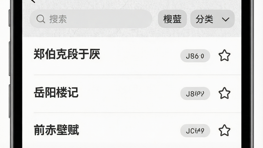 一张古文观芷应用内页展示图,画面主体为手机屏幕中显示的篇目列表,列表项包含“郑伯克段于鄢”“岳阳楼记”“前赤壁赋”等标题,右侧有朝代标签和收藏图标,背景为淡灰色纹理,屏幕上方有搜索框和分类筛选按钮,风格为现代简洁的移动应用界面,细节清晰,画质干净,无多余元素