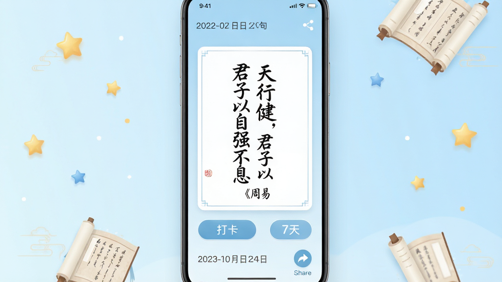一张古文观芷每日金句卡片图,画面中央为一张竖版卡片,卡片上写有“天行健,君子以自强不息”并附小字出处《周易》,卡片下方有“打卡”按钮和连续学习天数“7天”的标识,背景为淡蓝色渐变,周围散落着星星和书卷装饰元素,风格为清新简约的移动应用卡片设计,细节包含日期和分享图标,画质高清,干净无多余元素