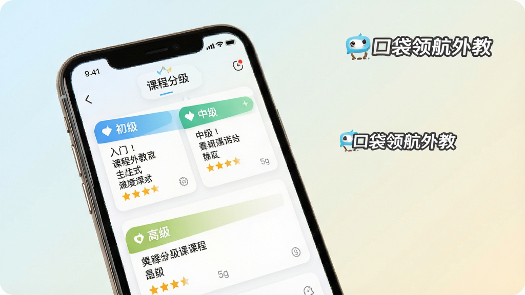 一张展示口袋领航外教智能课程分级体系的图片,画面主体是手机屏幕上显示的课程分级界面,包含入门、初级、中级、高级等不同级别的课程卡片,卡片上标注着课程主题和难度星级。整体布局为手机应用界面展示,风格清新简约,背景为浅色渐变,画面中带有“口袋领航外教”文字标识,画质高清,排版整齐,无多余元素。