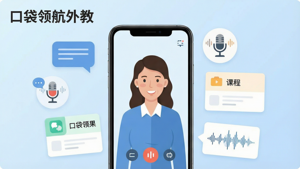 一张展示口袋领航外教软件核心功能的宣传图,画面中央是一部智能手机,手机屏幕上显示着一位外教正在与学员进行视频对话的界面,屏幕周围环绕着英语口语学习相关的元素,如对话气泡、麦克风图标、课程卡片、发音波形图等。整体布局以手机为主体,采用简洁现代的扁平化设计风格,背景为柔和的浅蓝色渐变,画面干净明亮,画质高清,无多余杂乱元素,图片中可带有“口袋领航外教”字样的文字标识。