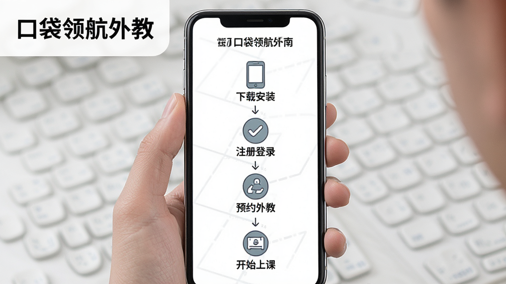 一张展示口袋领航外教新手使用指南的图片,画面主体是手机屏幕上显示的操作步骤示意图,包含下载安装、注册登录、预约外教、开始上课四个步骤的图标和文字说明。整体布局为竖向流程展示,风格简洁明了,背景为白色,画面中带有“口袋领航外教”文字标识,画质清晰,排版整齐,无多余元素。
