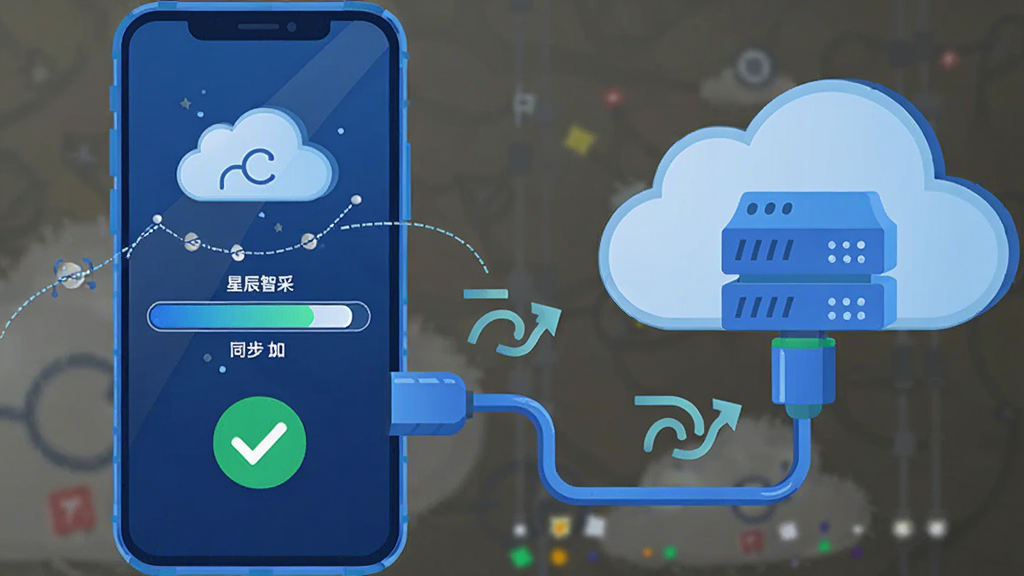 一部智能手机与云端服务器图标通过数据线连接,主体为手机屏幕显示