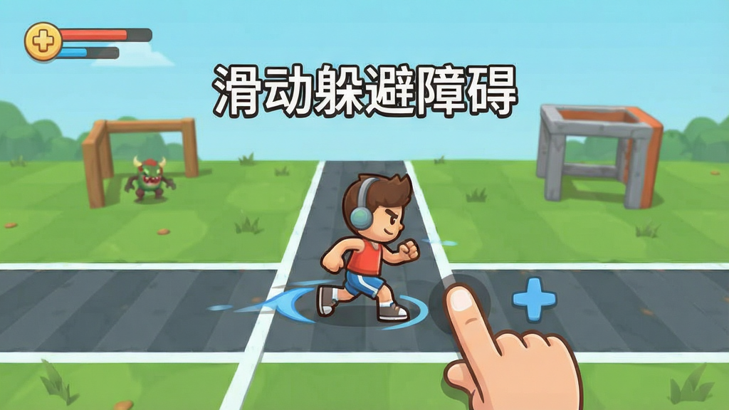 一张天天奔跑打怪兽新手教学界面的图片,画面中一只卡通手指正在演示左右滑动操作,屏幕上显示“滑动躲避障碍”的文字提示,角色在跑道上做出变道动作,背景是简单的训练场,风格简洁明了,布局直观,排版清晰,细节到位,画质干净,无多余元素
