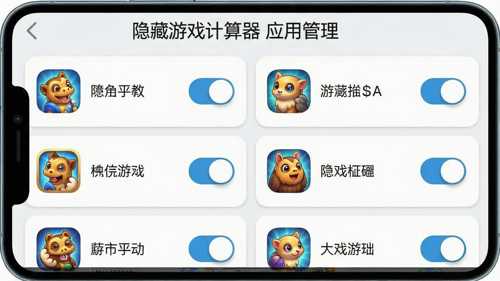 一张手机应用管理界面截图风格的图片,画面中列出多个游戏图标和应用名称,每个图标右侧有开关按钮,顶部标题为“隐藏游戏计算器 应用管理”,整体布局清晰,风格为浅色卡片式设计,细节丰富,画质干净,无多余元素