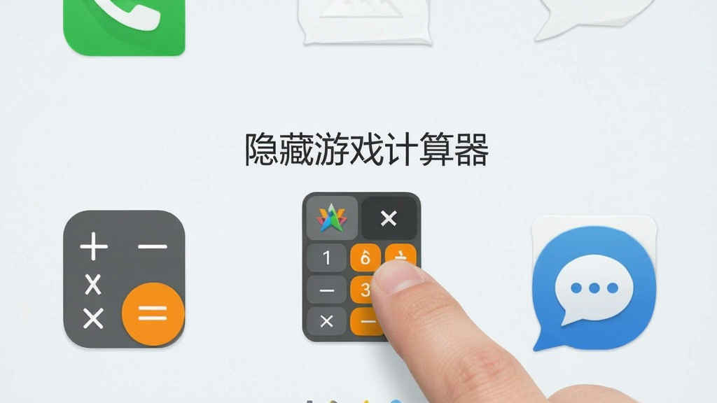 一个安卓手机桌面截图风格的图片,桌面上只有计算器、电话、短信等几个基础应用图标,画面中有一只手正点击计算器图标,计算器图标上方浮现出“隐藏游戏计算器”字样,背景干净整洁,风格清爽简约,画质清晰,无多余元素,主体突出