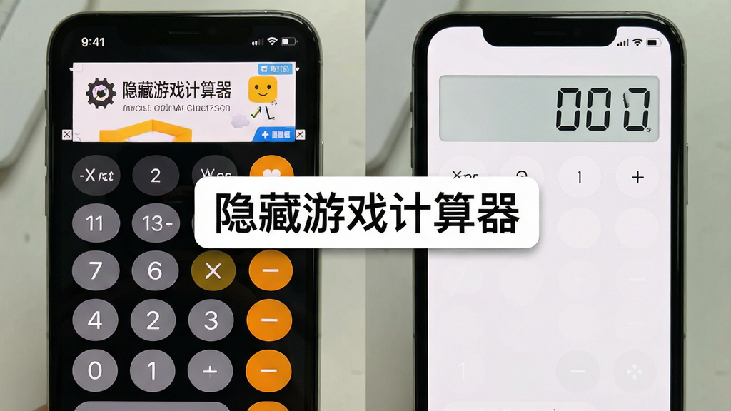 一张手机屏幕对比图,左侧显示普通计算器界面带有广告横幅,右侧显示隐藏游戏计算器界面干净无广告,画面中间有“隐藏游戏计算器”文字标签,风格为对比展示,细节清晰,画质干净,无多余元素