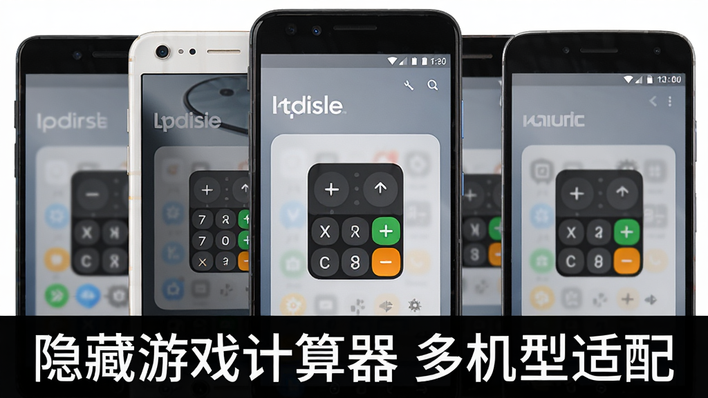 一张多品牌手机并排展示的图片,每部手机屏幕上都显示隐藏游戏计算器的图标和界面,手机品牌标识隐约可见,画面底部有“隐藏游戏计算器 多机型适配”字样,风格为产品展示,细节清晰,画质干净,无多余元素