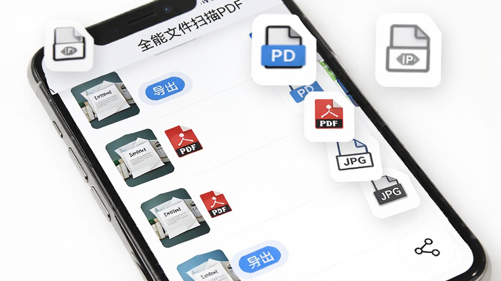 手机界面展示扫描完成的文件列表,每份文件旁边显示PDF、JPG等格式图标,画面风格为清爽办公风,主体为手机屏幕与格式图标,布局采用纵向列表排版,细节包含文件缩略图、导出按钮、分享图标,画质高清,干净无多余元素,图中文字标注“全能文件扫描PDF”