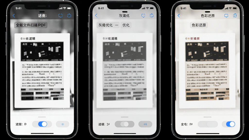 手机屏幕中展示同一份文件在黑白增强、灰度优化、色彩还原三种模式下的对比效果,画面风格为简约工具风,主体为手机与三张对比图,布局采用横向排列,细节包含滤镜名称、文字清晰度差异、界面切换按钮,画质清晰,干净无多余元素,图中文字标注“全能文件扫描PDF”