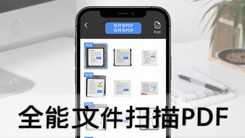 手机界面展示多页文件扫描队列,页面缩略图依次排列,顶部显示合并为PDF按钮,画面风格为高效办公风,主体为手机与文件队列,布局采用纵向堆叠排版,细节包含页码标签、合并按钮、文件管理图标,画质高清,干净无多余元素,图中文字标注“全能文件扫描PDF”