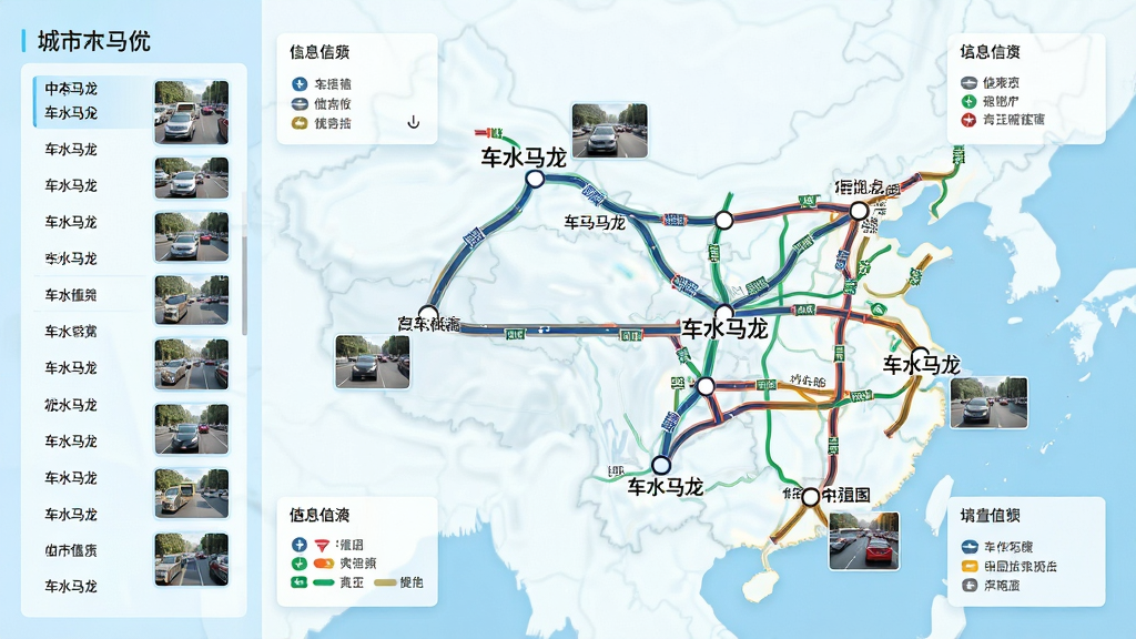 画面主体为一张中国城市交通路况分布示意图,图上标注多个城市节点与连接道路,每个节点旁配有小幅实景路况缩略画面;布局采用横向展开,左侧为城市列表栏,右侧为路况地图主区域;排版上地图居中,四周留有简洁信息卡片;风格为清新浅色科技风,底色为浅蓝与白色;细节包括道路线条粗细变化、城市名称标签、路况颜色区分;画质高清,画面干净,无多余元素,图中文字包含“车水马龙”