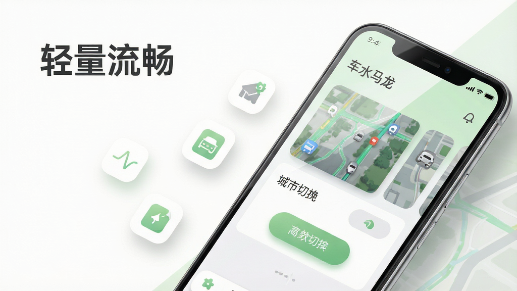 画面主体为一部安卓手机特写,手机屏幕显示“车水马龙”应用主界面,界面包含路况卡片与城市切换按钮;布局采用对角线构图,手机斜置于画面右侧,左侧为简洁的功能图标漂浮元素;排版疏朗,上方写有“轻量流畅”字样;风格为极简清新风,色调以白、浅绿、浅灰为主;细节包括手机屏幕反光、图标圆角、按钮阴影;画质高清,画面干净,无多余元素