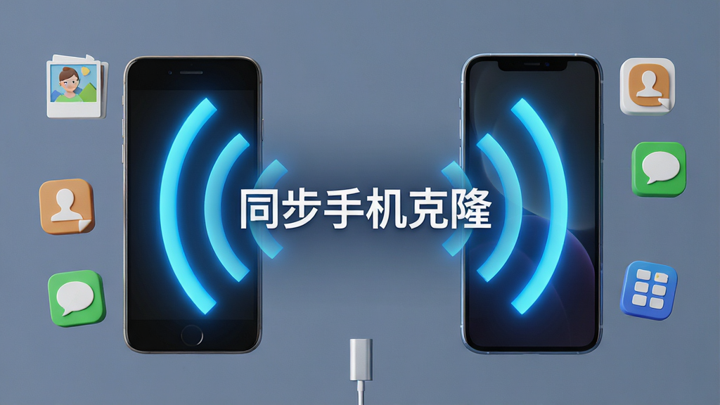 一部旧手机与一部新手机之间通过无线信号连接,信号波纹以高亮蓝色呈现,画面中央悬浮着“同步手机克隆”字样,周围环绕着照片、联系人、短信、应用等图标元素,整体风格为科技感3D渲染,布局对称平衡,细节丰富但画面干净,画质超清,无多余装饰元素