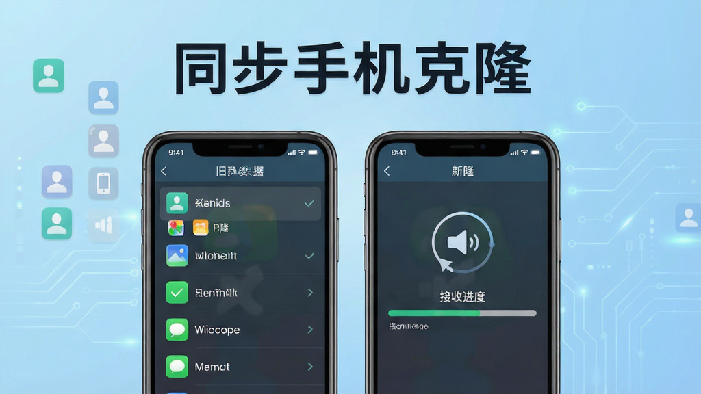 一张展示同步手机克隆软件主界面的图片,画面中央是两部智能手机并排摆放,屏幕分别显示旧手机数据勾选列表和新手机接收进度条,背景为淡蓝色渐变科技风格,画面中有明显的“同步手机克隆”文字标识,布局简洁清晰,风格现代扁平化,细节包含联系人图标、相册图标、短信图标等元素,画质高清干净,无多余杂乱元素