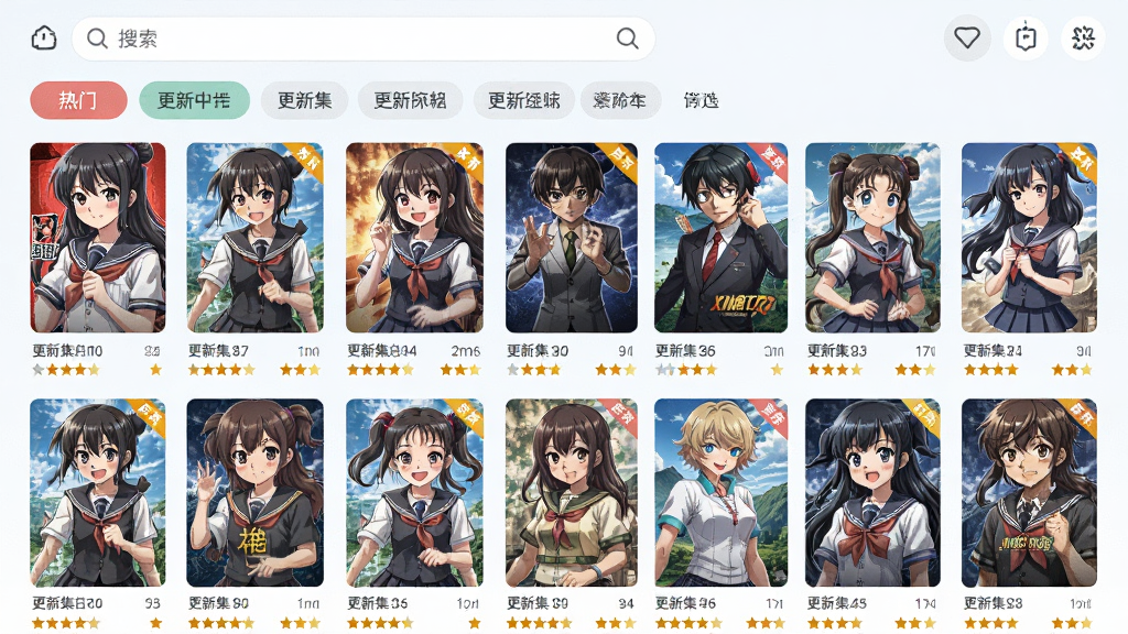 动漫共海量动漫聚合界面,画面以网格形式展示多部动漫海报,每张海报下方标注更新集数与评分,顶部为搜索框与筛选标签,风格为清新浅色系,细节包括热门标签、更新角标、评分星标,画质高清,排版整齐,无多余元素