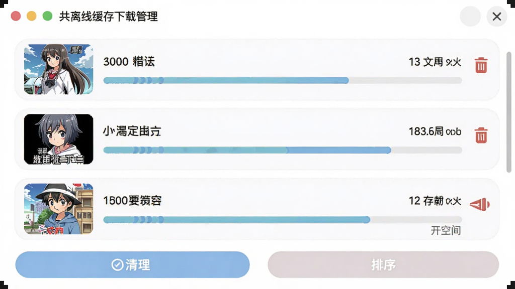 动漫共离线缓存下载管理界面,画面展示已下载的动漫剧集列表,每项包含封面缩略图、剧集名称、文件大小与下载进度,底部有清理与排序按钮,风格为柔和圆角设计,细节包括进度环、删除图标、存储空间提示,画质高清,界面干净,无多余元素
