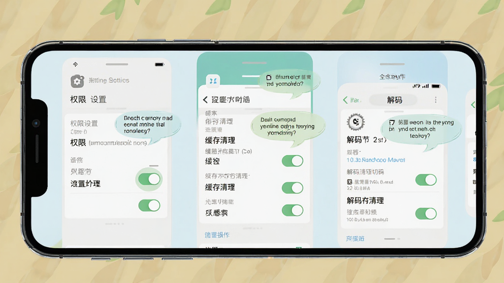 动漫共新手避坑指南示意图,画面以手机屏幕为载体,展示权限设置、缓存清理、解码切换三个操作界面并排布局,风格为清爽素雅,细节包括设置图标、开关按钮、提示气泡,画质高清,画面干净,无多余元素