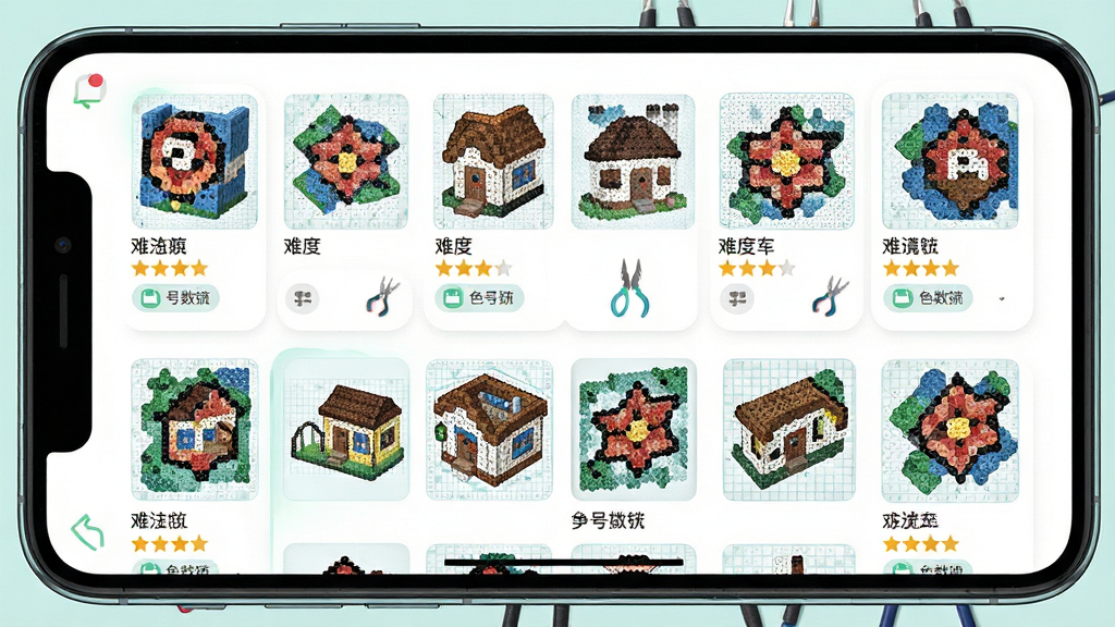 一张展示拼豆魔法屋图纸资源库的图片,主体为手机应用中排列整齐的拼豆图纸缩略图列表,布局为网格状展示多款拼豆图案,排版清晰分类明确,风格为清新浅色系UI设计,细节包括图纸预览图、难度星级、色号数量标签,画质高清干净无多余元素