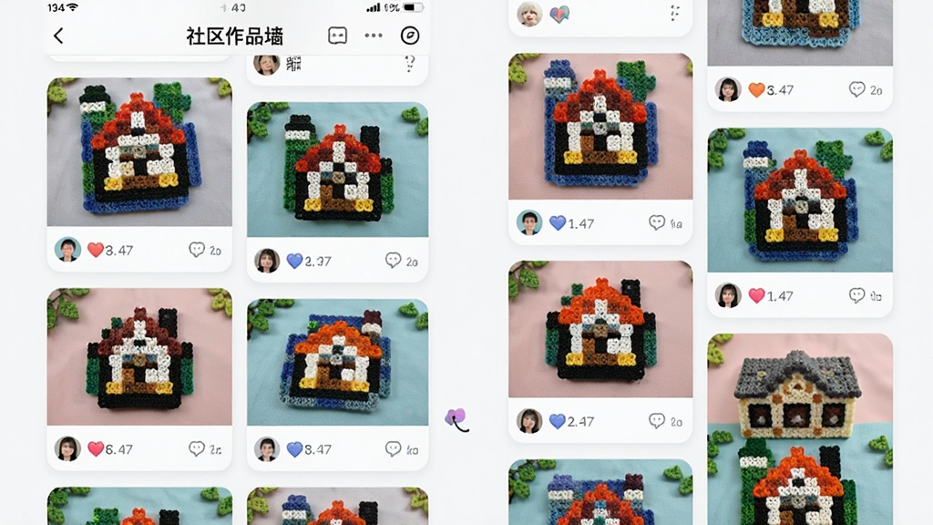 一张展示拼豆魔法屋社区作品墙的图片,主体为手机应用中拼豆作品照片瀑布流展示,布局为双列瀑布流排列多张拼豆成品图,排版生动活泼,风格为社交应用常见卡片式设计,细节包括作品图片、点赞图标、用户头像、评论数量,画质高清干净无多余元素