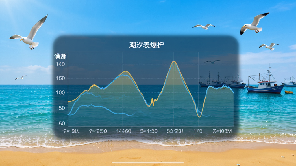 潮汐表爆护日记应用主界面截图,画面中央展示当日潮汐曲线图与满潮干潮时间,背景为蔚蓝海洋与金色沙滩,海面上有几艘渔船,天空有海鸥飞翔,整体风格清新明亮,画质清晰干净,无多余元素