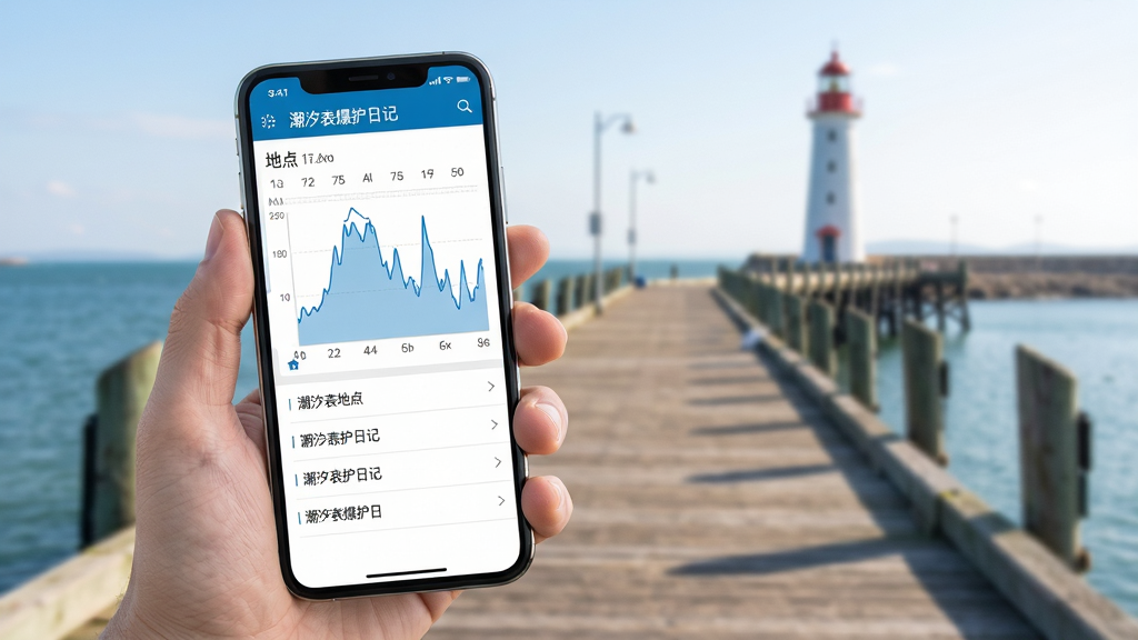 潮汐表爆护日记移动端操作示意图,画面中一只手拿着手机,屏幕显示潮汐曲线与地点列表,背景为海边码头,远处有灯塔,风格写实清晰,画质明亮,干净无多余元素