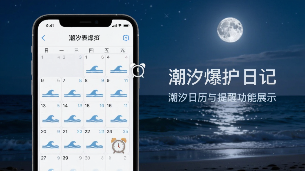潮汐表爆护日记潮汐日历与提醒功能展示,画面中手机屏幕显示月历视图,每天格子里标注潮汐图标,旁边有闹钟提醒图标,背景为海边月夜,风格宁静舒适,画质清晰,干净无干扰元素